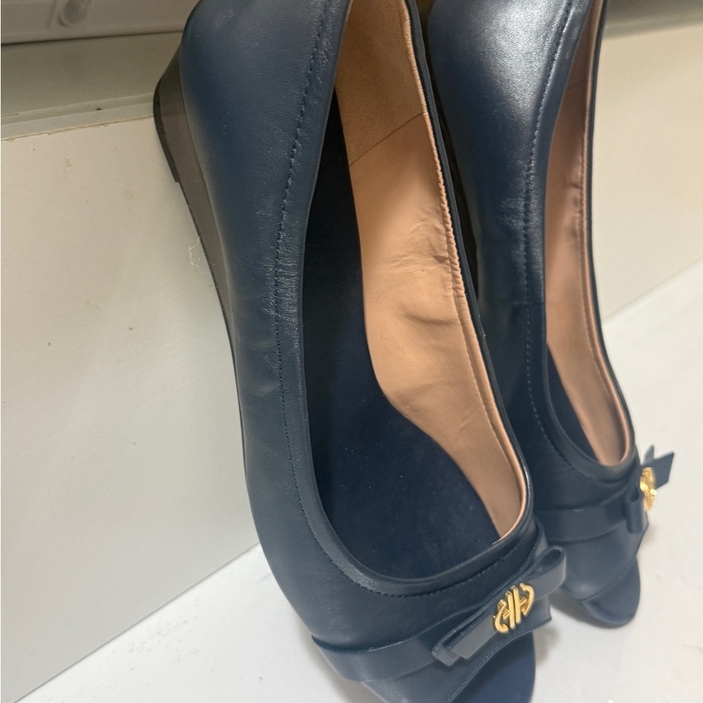 Cole Haan Women's Navy Peep-Toe Flats with Gold Accent - Picture 8 of 16